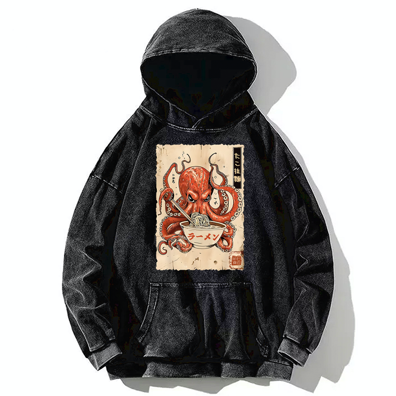 Tokyo-Tiger Retro Octopus Eating Ramen Washed Hoodie