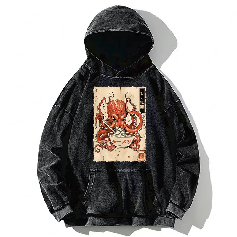 Tokyo-Tiger Retro Octopus Eating Ramen Washed Hoodie