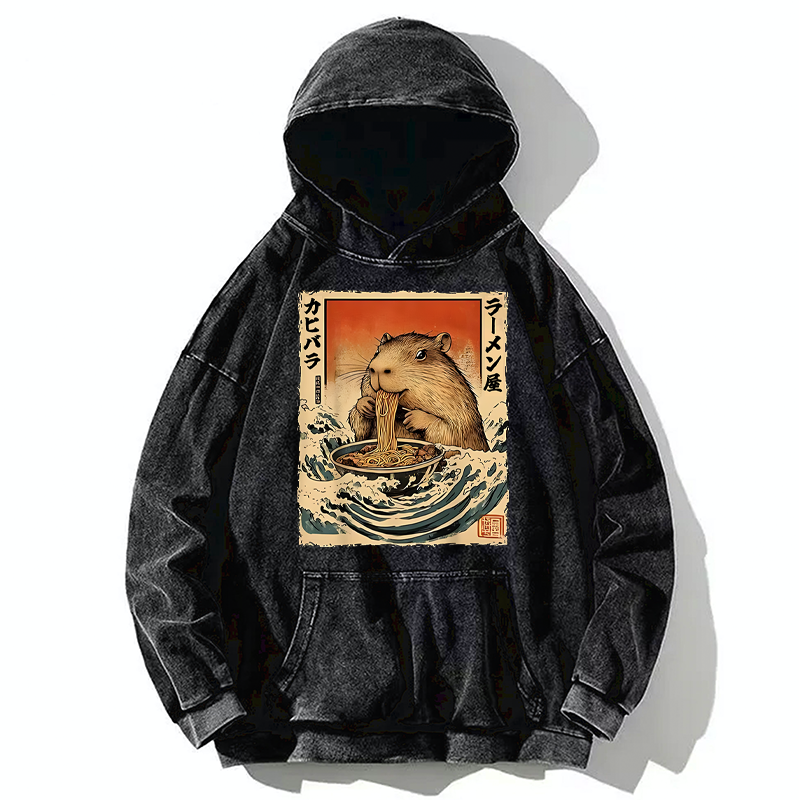 Tokyo-Tiger Hamster Eating Ramen Washed Hoodie