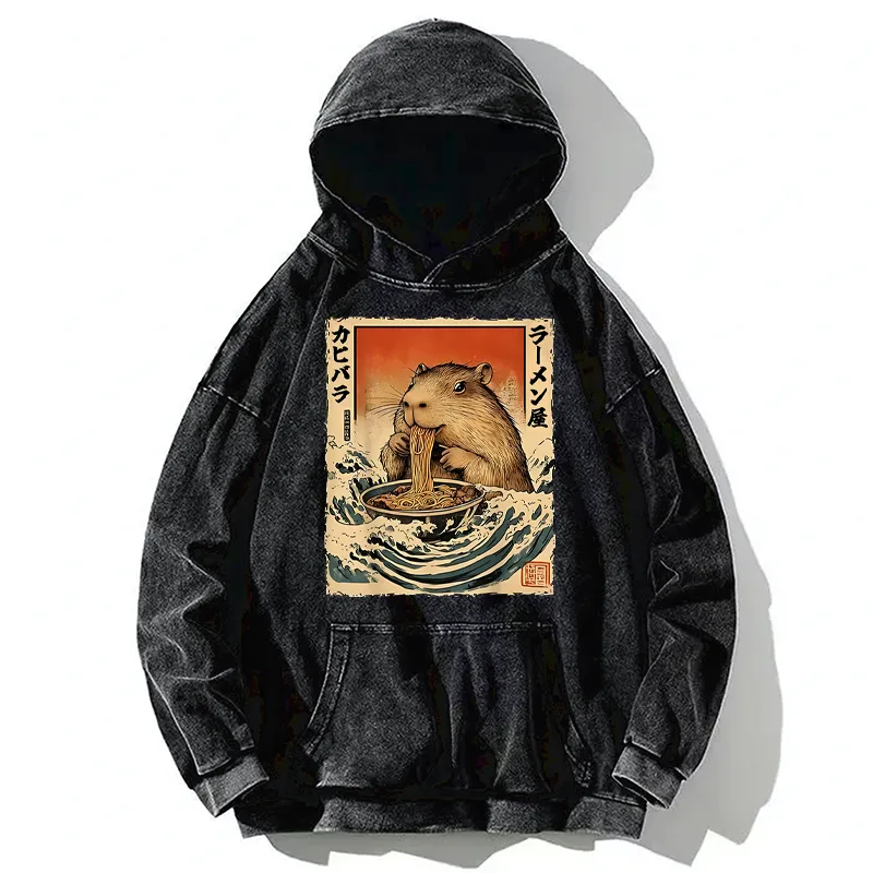 Tokyo-Tiger Hamster Eating Ramen Washed Hoodie