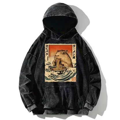 Tokyo-Tiger Hamster Eating Ramen Washed Hoodie