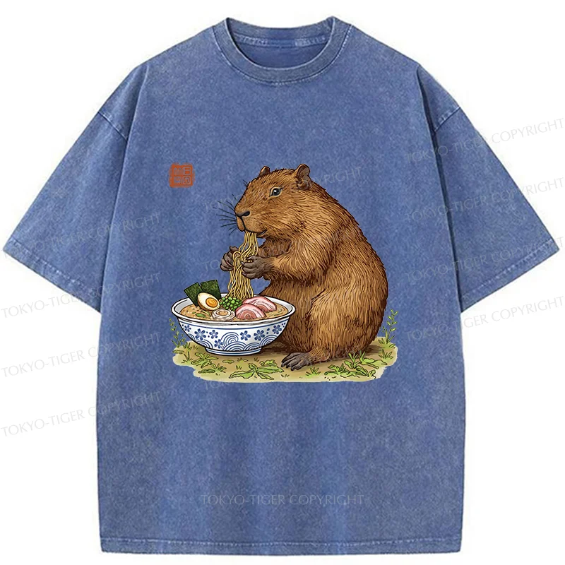 Tokyo-Tiger Capybara Eating Delicious Ramen Washed T-Shirt