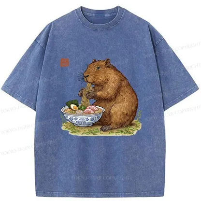 Tokyo-Tiger Capybara Eating Delicious Ramen Washed T-Shirt