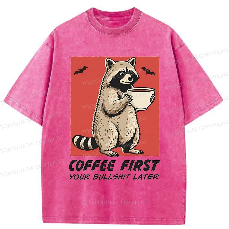 Tokyo-Tiger Raccoon Drinking Coffee Washed T-Shirt