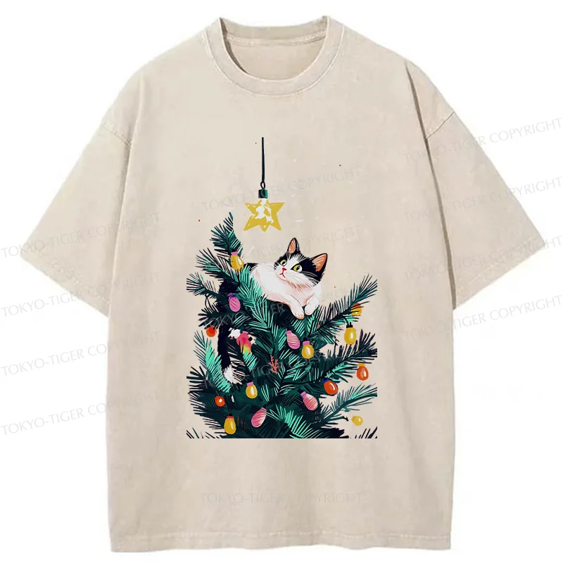 Tokyo-Tiger Cute Christmas Cat Washed T-Shirt