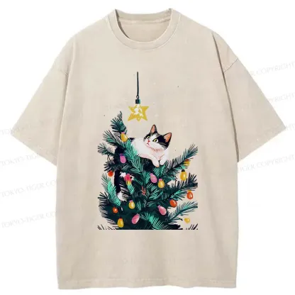 Tokyo-Tiger Cute Christmas Cat Washed T-Shirt