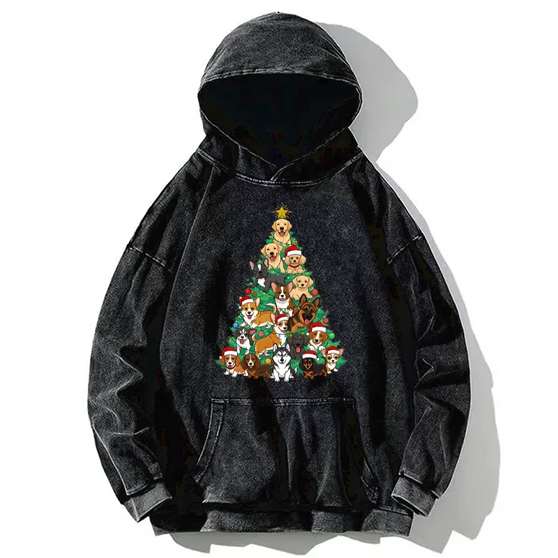Tokyo-Tiger Christmas Tree Dog Funny Washed Hoodie