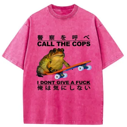 Tokyo-Tiger Funny Frog On Skateboard Washed T-Shirt