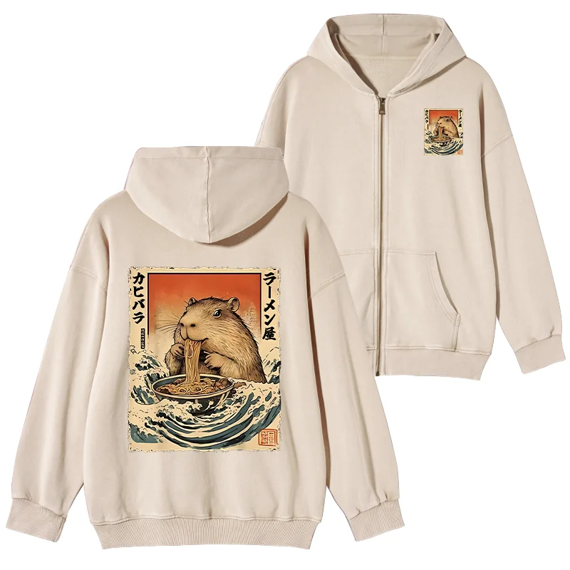 Tokyo-Tiger Hamster Eating Ramen Washed Zip Hoodie