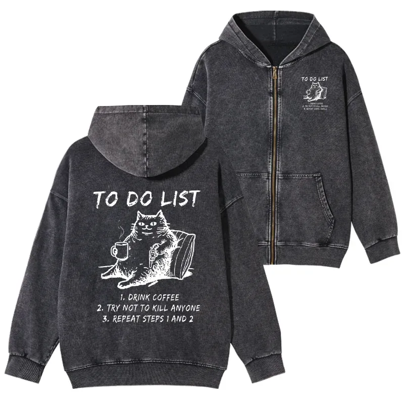 Tokyo-Tiger Cat's To-Do List Washed Zip Hoodie