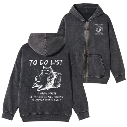 Tokyo-Tiger Cat's To-Do List Washed Zip Hoodie