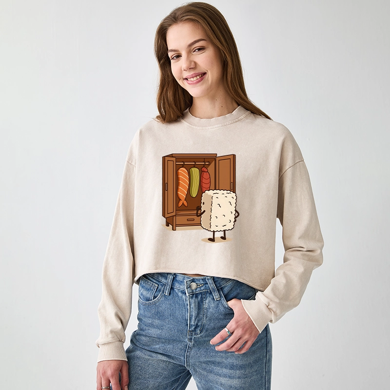 Tokyo-Tiger Sushi Pick Out Clothes Washed Crop Sweatshirt