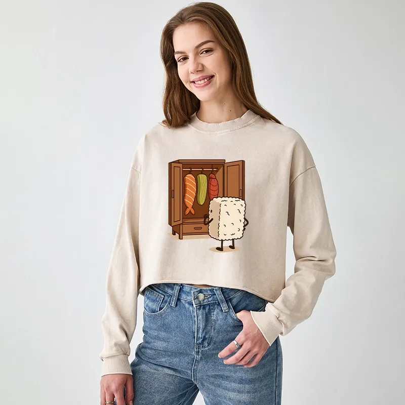 Tokyo-Tiger Sushi Pick Out Clothes Washed Crop Sweatshirt