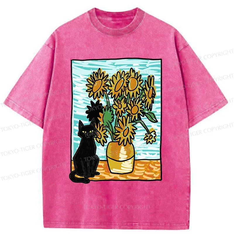 Tokyo-Tiger Black Cat And Sunflower Washed T-Shirt Sale