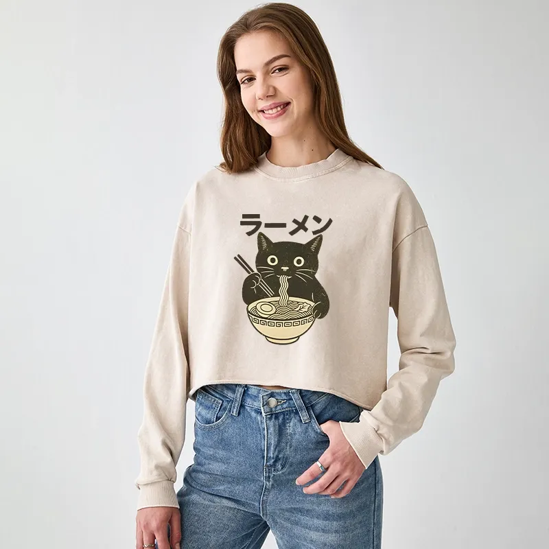 Tokyo-Tiger Simple Black Cat Eating Ramen Washed Crop Sweatshirt
