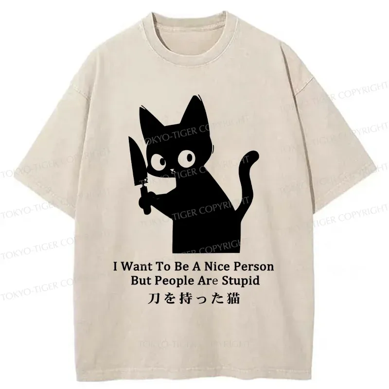 Tokyo-Tiger Black Cat With A Knife Washed T-Shirt