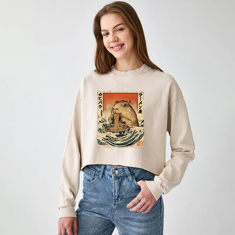 Tokyo-Tiger Hamster Eating Ramen Washed Crop Sweatshirt