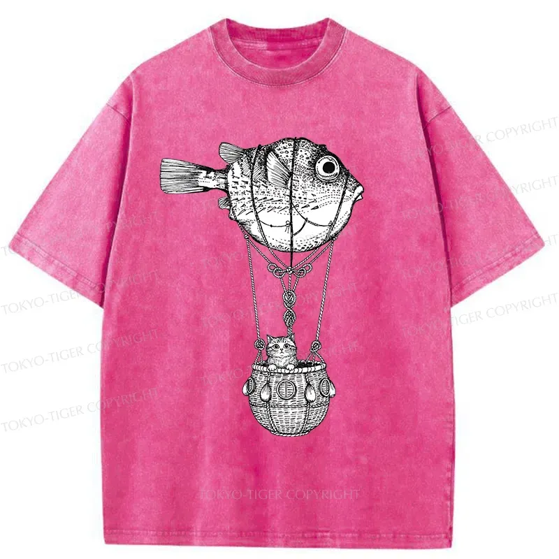 Tokyo-Tiger Pufferfish Motorboat Washed T-Shirt