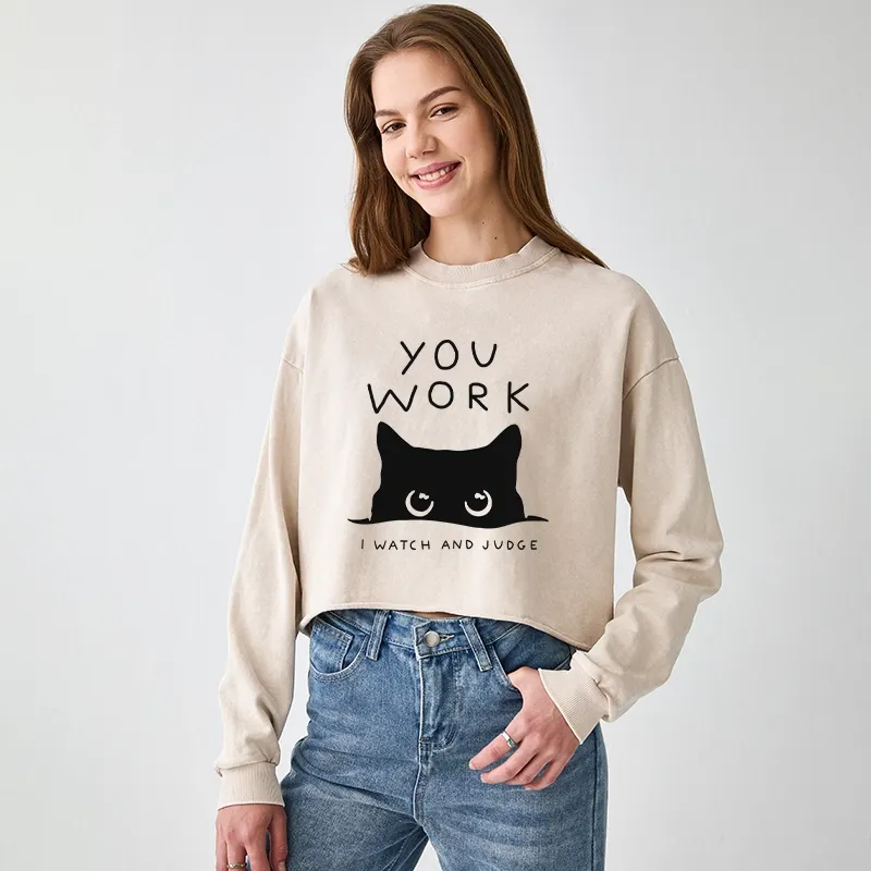 Tokyo-Tiger A Cat That Spies Washed Crop Sweatshirt