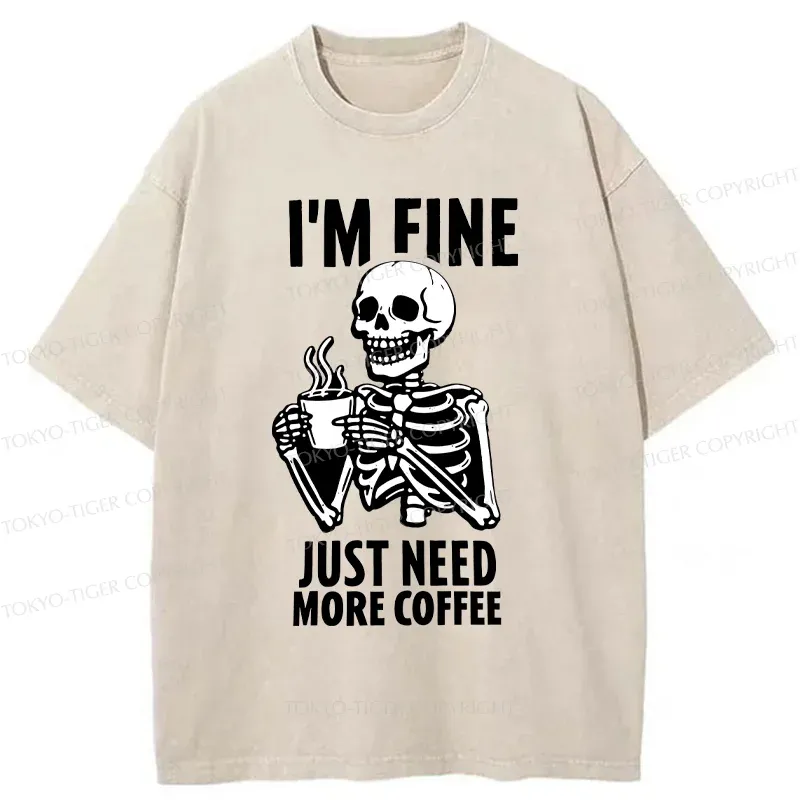 Tokyo-Tiger Skeleton Drinking Coffee Washed T-Shirt