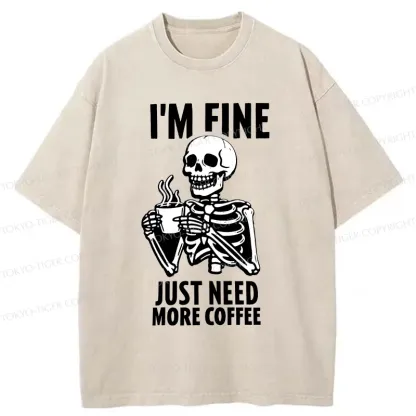 Tokyo-Tiger Skeleton Drinking Coffee Washed T-Shirt