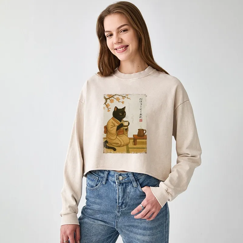 Tokyo-Tiger Cat Heart Full Of Coffee Washed Crop Sweatshirt