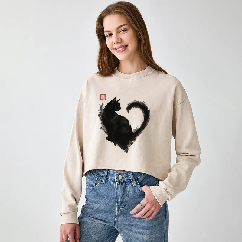 Tokyo-Tiger Funny Heart-Shaped Ink Cat Washed Crop Sweatshirt