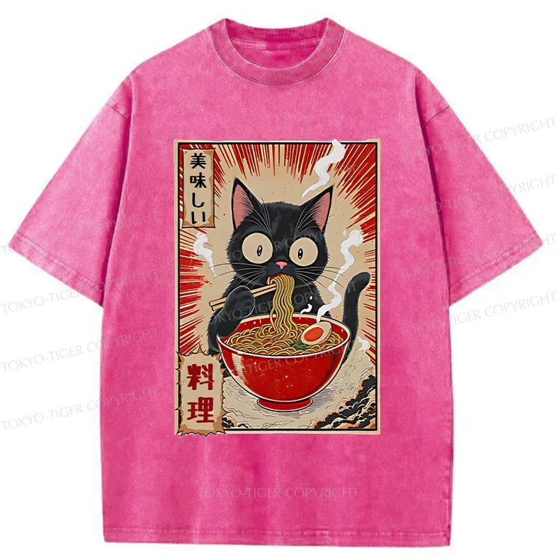 Tokyo-Tiger Black Cat Eating Ramen Comic Washed T-Shirt