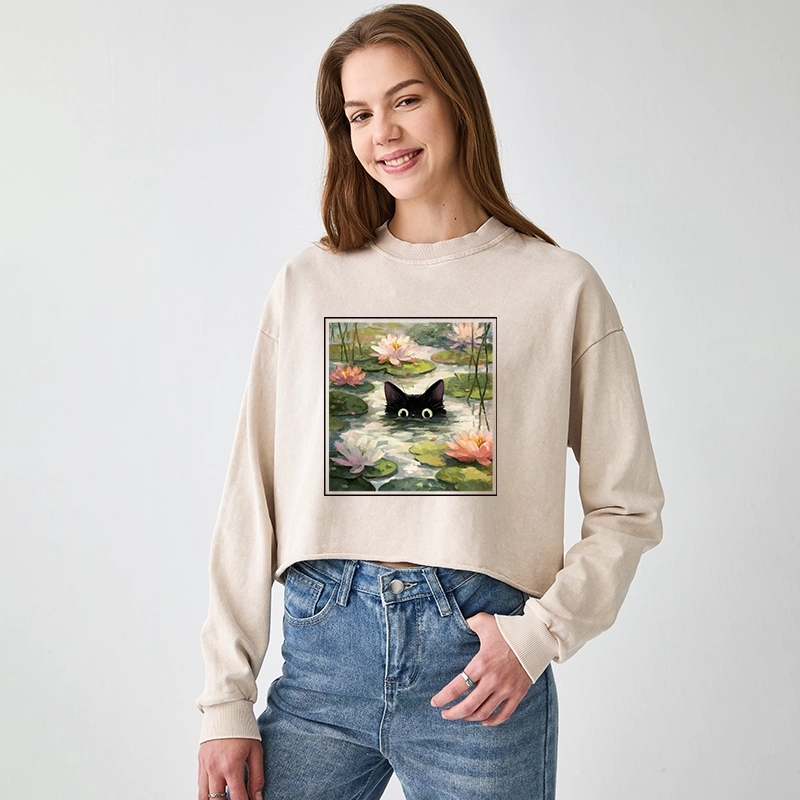 Tokyo-Tiger Black Cat and Lotus Flower Washed Crop Sweatshirt