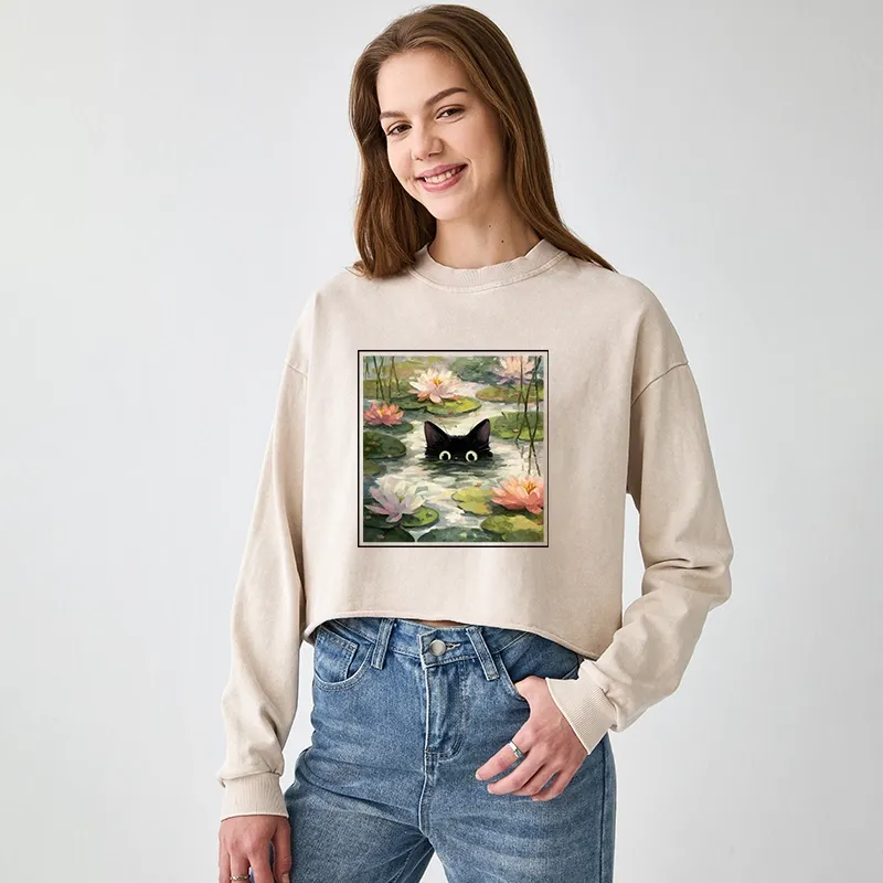Tokyo-Tiger Black Cat and Lotus Flower Washed Crop Sweatshirt