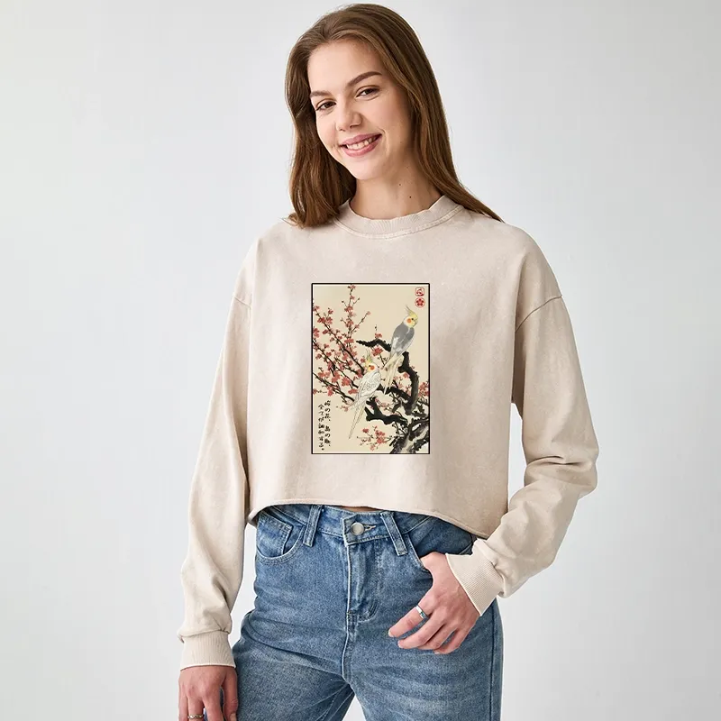 Tokyo-Tiger Whispers of Silent Blossoms Washed Crop Sweatshirt