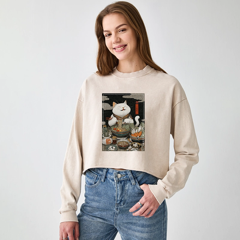 Tokyo-Tiger The Ramen-Loving Cat Washed Crop Sweatshirt