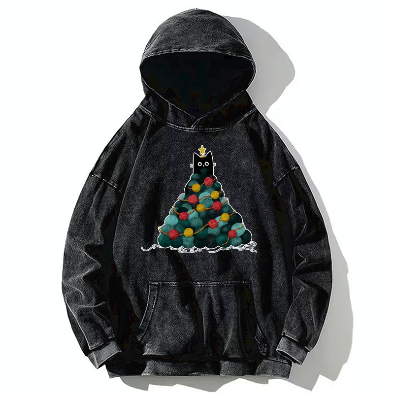 Tokyo-Tiger Yarn Christmas Tree Cat Washed Hoodie