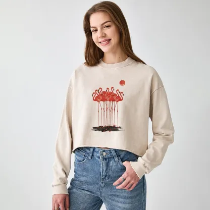 Tokyo-Tiger Flamingos at Dusk Washed Crop Sweatshirt