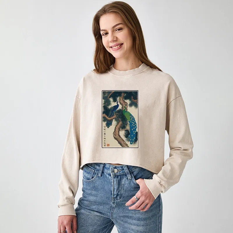 Tokyo-Tiger Peacocks in Snowy Pines Washed Crop Sweatshirt
