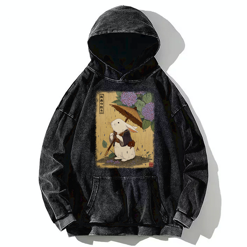 Tokyo-Tiger Ukiyoe Rainy Stroll Bunny Washed Hoodie