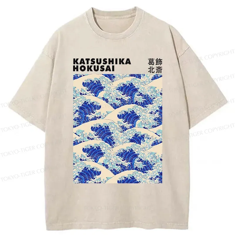 Tokyo-Tiger Ukiyo-e Wave Poster Washed T-Shirt