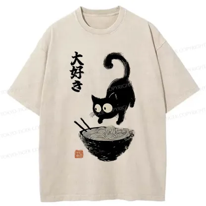 Tokyo-Tiger Retro Cat Eats Delicious Ramen Washed T-Shirt