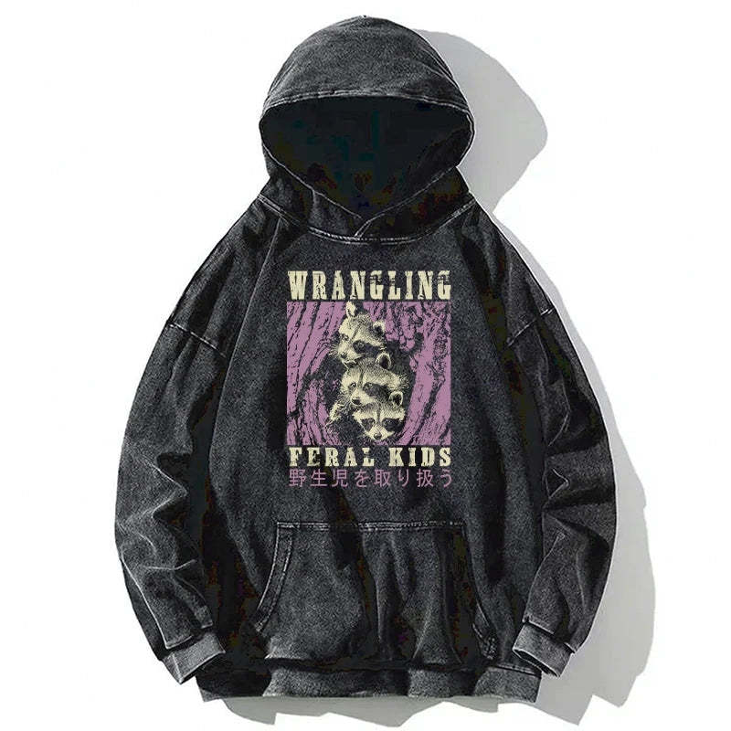 Tokyo-Tiger Wrangling Feral Raccoon Kids Washed Hoodie