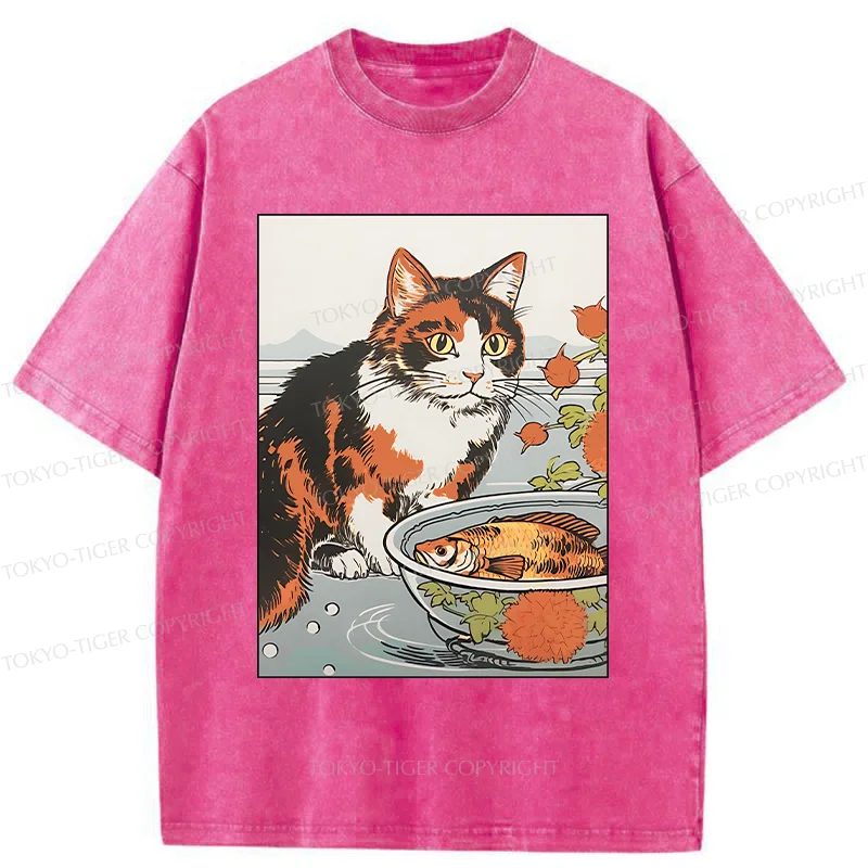 Tokyo-Tiger Cat Watching Koi Washed T-Shirt
