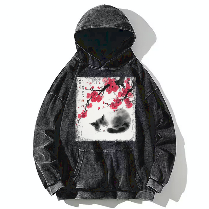 Tokyo-Tiger Ink Wash Painting: A Cat Lying Flat Under The Tree Washed Hoodie