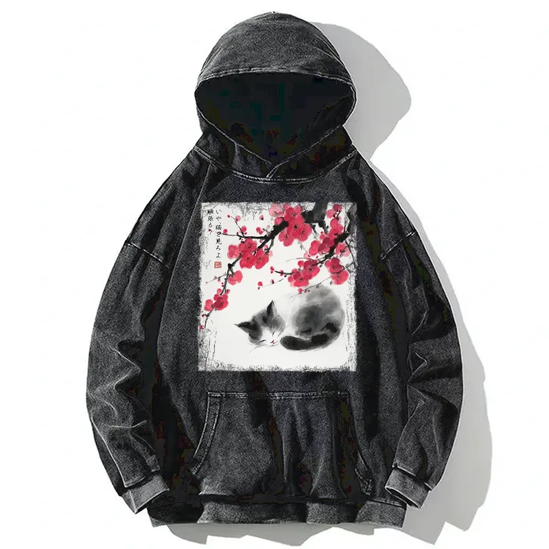 Tokyo-Tiger Ink Wash Painting: A Cat Lying Flat Under The Tree Washed Hoodie