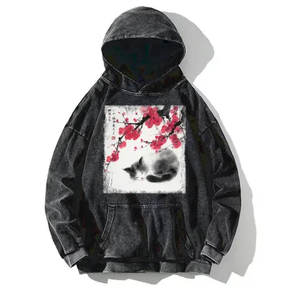 Tokyo-Tiger Ink Wash Painting: A Cat Lying Flat Under The Tree Washed Hoodie