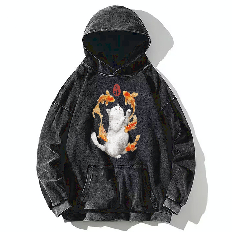 Tokyo-Tiger Zen Cat And The Dancing Fish Washed Hoodie