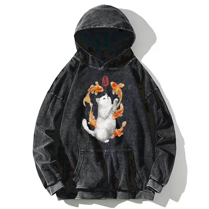 Tokyo-Tiger Zen Cat And The Dancing Fish Washed Hoodie