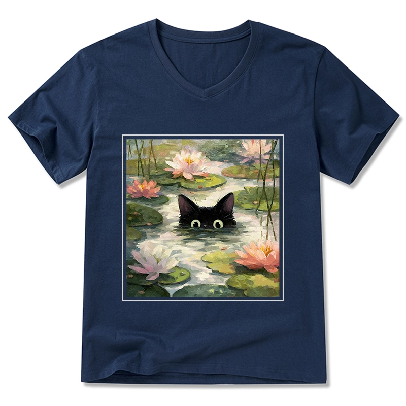 Tokyo-Tiger Black Cat and Lotus Flower V-Neck Classic T-Shirt