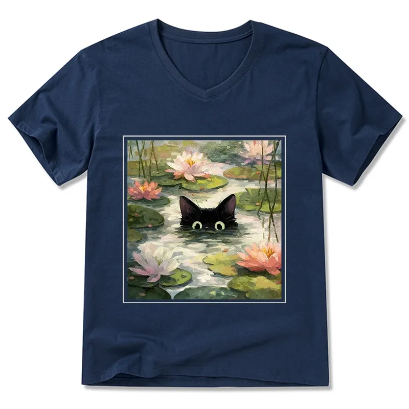 Tokyo-Tiger Black Cat and Lotus Flower V-Neck Classic T-Shirt