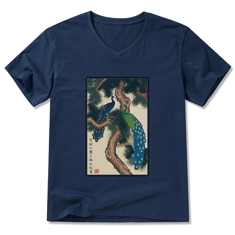 Tokyo-Tiger Peacocks in Snowy Pines V-Neck Classic T-Shirt