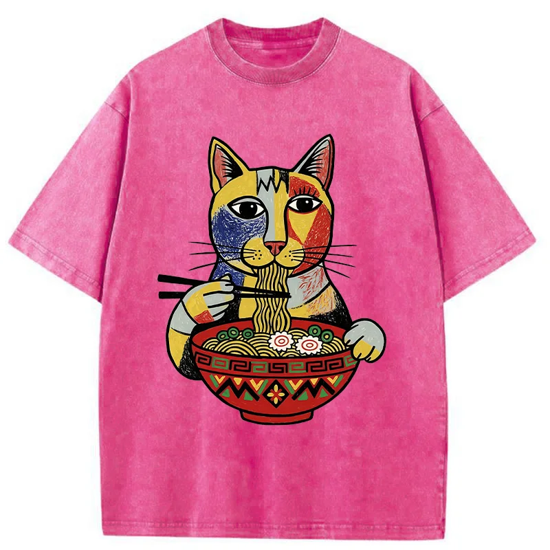 Tokyo-Tiger Abstract Cat Eating Ramen Washed T-Shirt