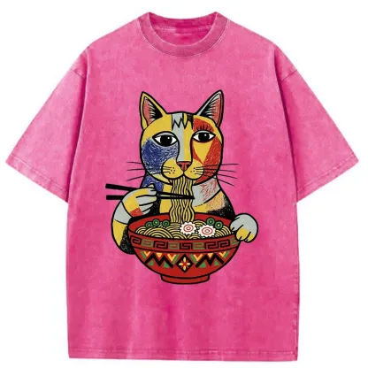 Tokyo-Tiger Abstract Cat Eating Ramen Washed T-Shirt